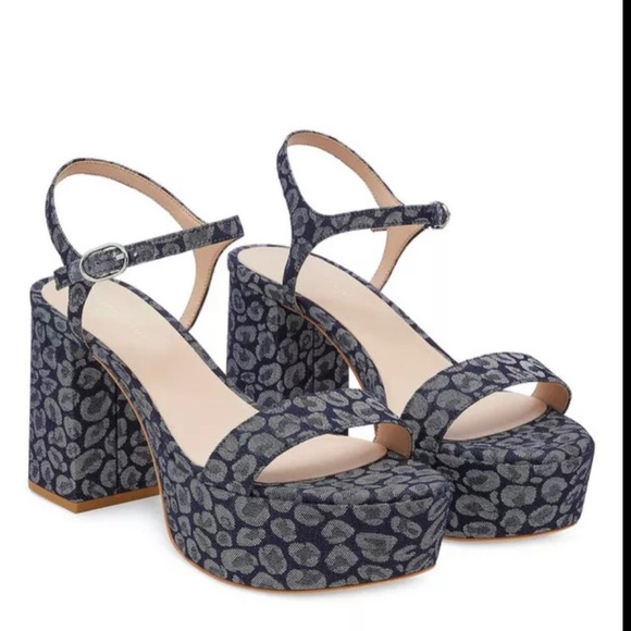 Stuart Weitzman Dancer‎ Mid Block blue denim print Platform Sandals size 12 new - Picture 1 of 6
